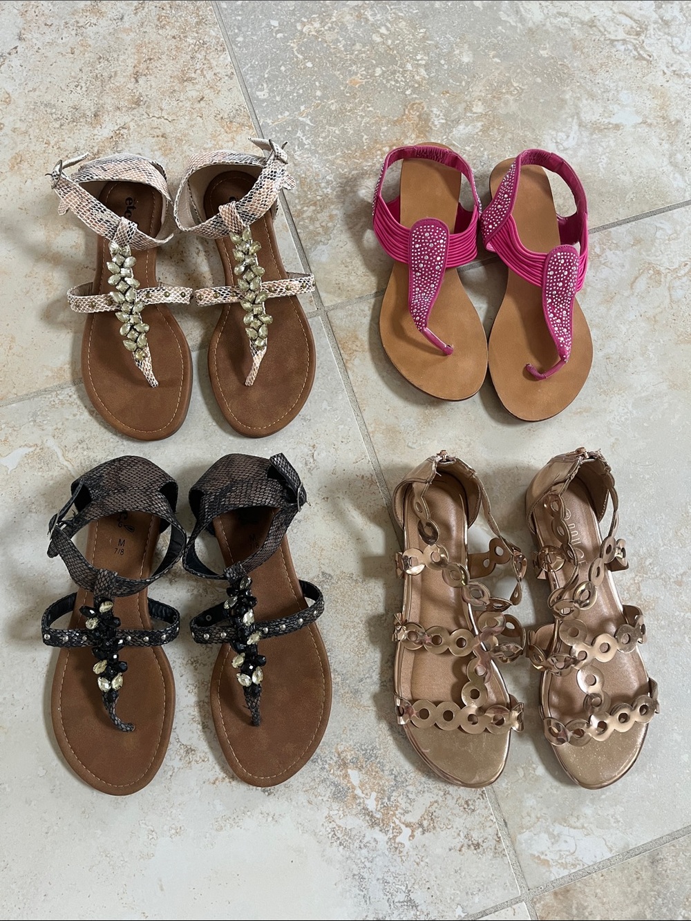 4 Pairs Women’s Sandals 7.5 Summer Shoes Rhinestones Sparkly Crystals Pretty